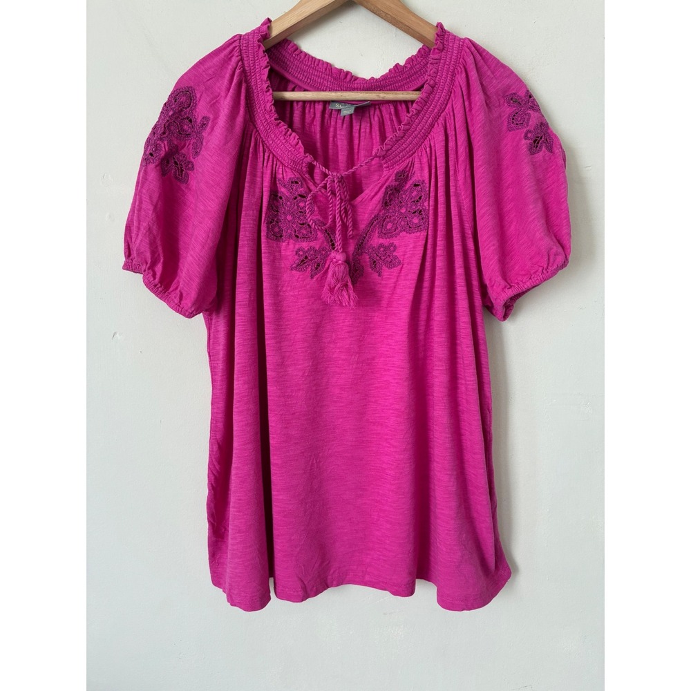 Style & Co Pink Embroidered Peasant Top Tassel Tie Blouse 1X Femme Cottagecore